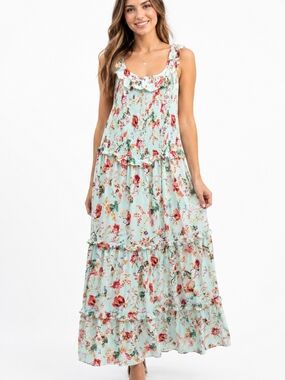 Abel The Label Green Floral Tiered Maxi Dress Smocked Top Medium